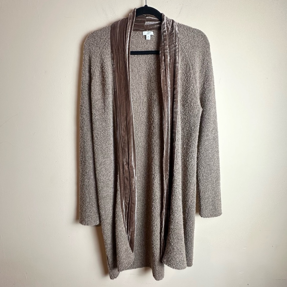 J. Jill Velvet Trim Merino Wool Silk Blend Brown Cardigan Duster Size Medium - Picture 16 of 16